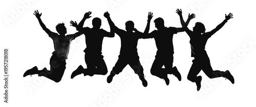group of people silhouettes jumping with raised arms expressing joy celebration energy and freedom