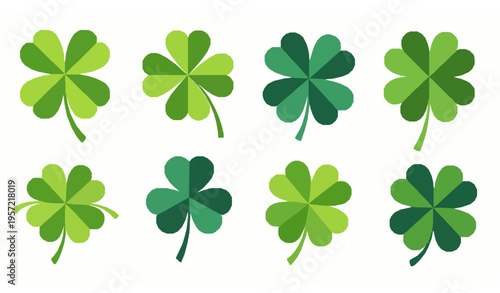 Minimalistic flat four-leaf green clover vector set for lucky icons and St. Patrick’s Day isolated illustration