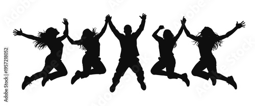 group of people silhouettes jumping together holding hands expressing unity celebration joy and positive energy