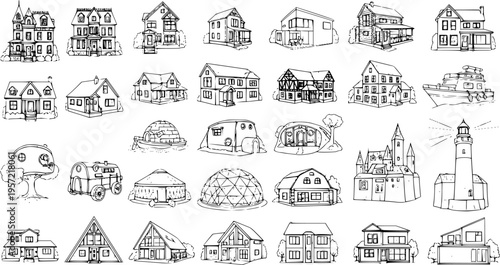 49 Diverse Hand-Drawn Architectural Sketches: Collection of Houses, Unique Dwellings, Buildings, Castles, Lighthouses  More in Black  White Line Art.