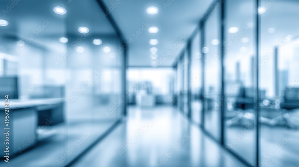Fototapeta premium Blurred Office Interior with Glass Walls, Modern Design, and Abstract Background for Business Concepts