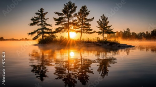 Serene Lake Landscape at Sunrise: Mist, Trees, and Reflections in Golden Light
