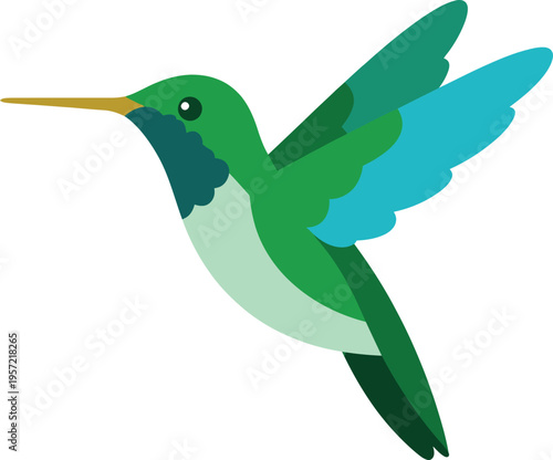 Green Hummingbird in Flight Tiny Bird with Long Beak Hovering Wing Motion Nature Detail Ornithology Vector