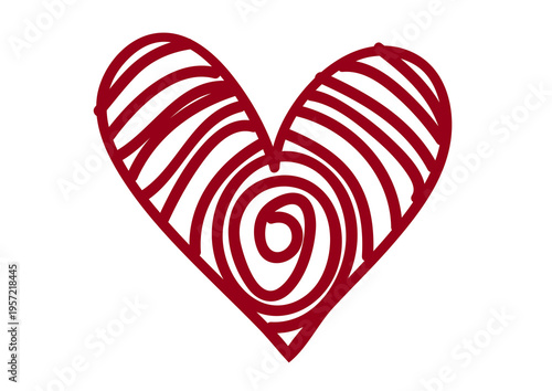 Hand-drawn dark red heart with a creative spiral and concentric line pattern. Artistic doodle isolated on a transparent background for Valentine's Day and romantic designs.