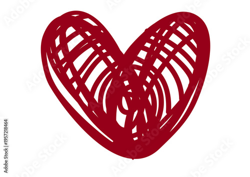 Hand-drawn dark red heart with a creative linear scribble pattern. Artistic doodle icon isolated on a transparent background for Valentine's Day, wedding, and romantic designs.