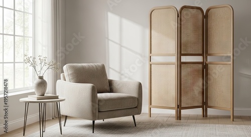 A comfortable beige armchair in a bright and airy living room with a side table and room divider