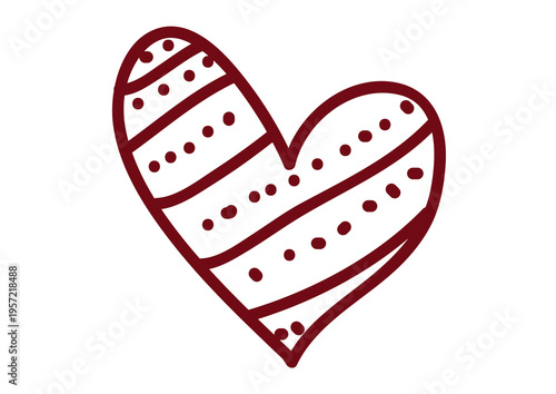 Hand-drawn dark red heart with a pattern of neat stripes and dots. Artistic doodle icon isolated on a transparent background for Valentine's Day and romantic design projects.