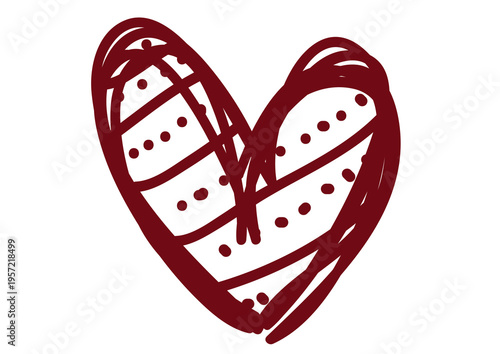 Hand-drawn red heart with creative stripes and dots pattern. Artistic doodle icon isolated on a transparent background for Valentine's Day and romantic design projects.