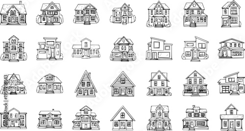Hand-Drawn House Vector Set: Diverse Collection of Residential Buildings in Outline Sketch Style, Architectural Illustrations for Real Estate.