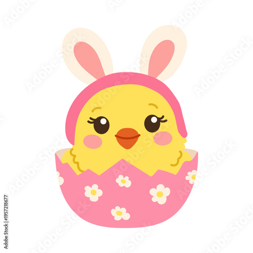 Cute chick with bunny ears peeks from floral egg. Bright yellow feathers and soft pink features. Big eyes show joyful, innocent curiosity. Ideal for spring, Easter, or children's themes