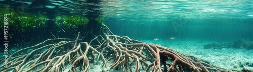 Underwater view of complex mangrove roots emerging into clear tropical water with small fish swimming