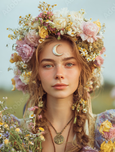 Maiden archetype in spring meadow, young woman with flower crown and crescent moon pendant, 