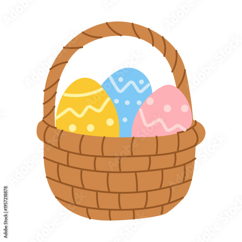 Basket holds three colorful Easter eggs. Bright yellow, blue, and pink eggs decorate the scene. Flat design style adds cheerful, simple charm. Ideal for springtime, festive, or children's themes