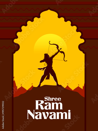 Lord Rama with bow arrow with Hindi text meaning Shree Ram Navami celebration background for religious holiday of India