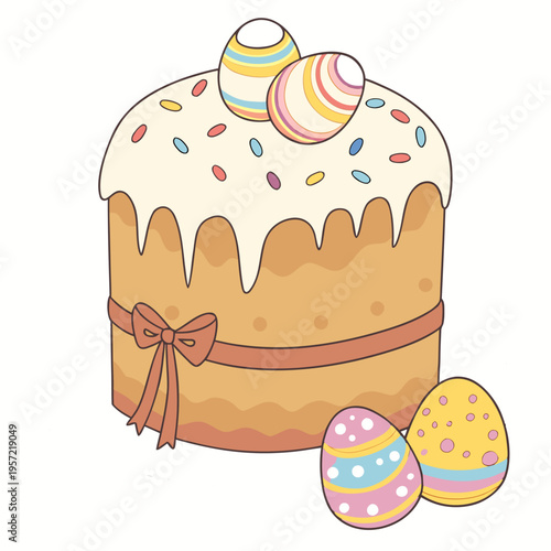 Easter Cake with Colorful Eggs and Sprinkles Isolated on White Background, Festive Holiday Dessert Illustration