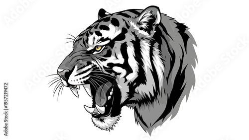 Fierce Tiger Head Roaring, Black and White, Aggressive Wildlife Portrait