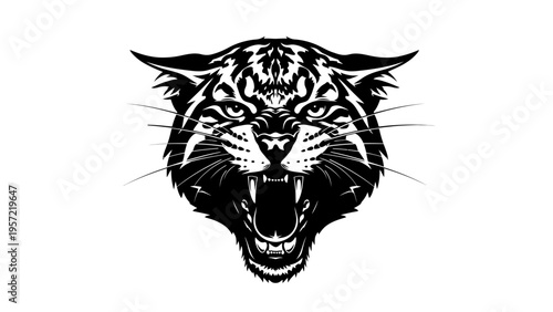 Fierce Bobcat Head Roaring, Aggressive Wildcat Mascot, Black and White Vector Art