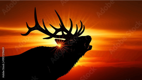 Majestic Elk Silhouette Roaring at Sunset with Sunburst Effect