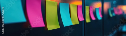 Row of brightly colored adhesive notes with curled edges attached to  surface