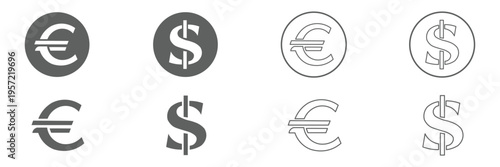Dollar and euro currency icon set with clear currency signs and minimalist financial design, ideal for banking applications, economic infographics, finance presentations. Money exchange icon concept.