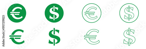 Dollar and euro currency icon set with clear currency signs and minimalist financial design, ideal for banking applications, economic infographics, finance presentations. Money exchange icon concept.