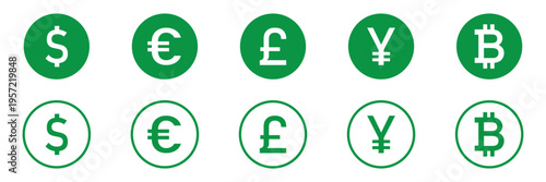 Collection of black global currency symbols including dollar euro pound yen yuan rupee and peso for international business trade. Global Currency Symbol Icon Set Dollar Euro Pound Yen Bitcoin.