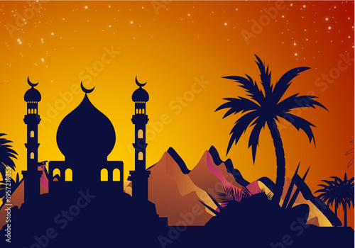 Sunset desert Eid background with mosque silhouette, palm trees, mountains, and starry orange sky, dramatic Islamic landscape vector for Ramadan and festive greeting themes
