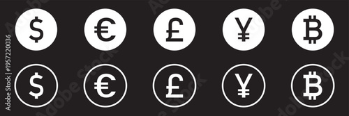 Collection of black global currency symbols including dollar euro pound yen yuan rupee and peso for international business trade. Global Currency Symbol Icon Set Dollar Euro Pound Yen Bitcoin.