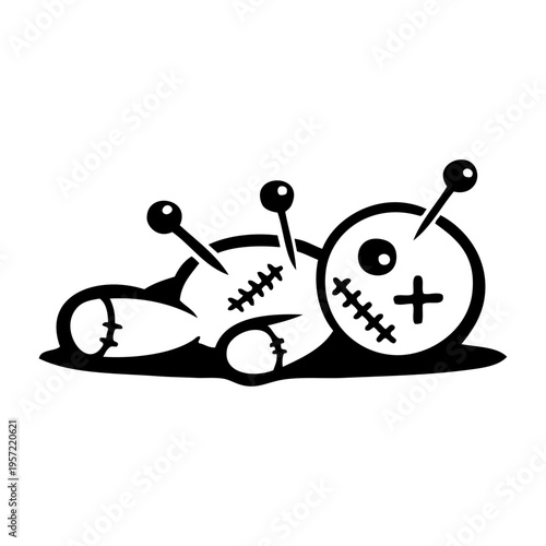 Logotipo magia negra. Dibujo sencillo con líneas de muñeco vudú tumbado con alfileres para tarjetas y felicitaciones de Halloween