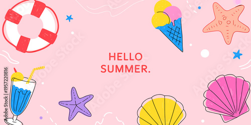 Hello summer colorful illustration with sea and beach elements and ice cream