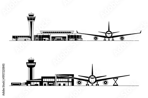 Airport terminal building and airplane illustration