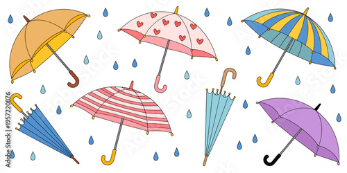 Colorful umbrellas and raindrops falling outdoors