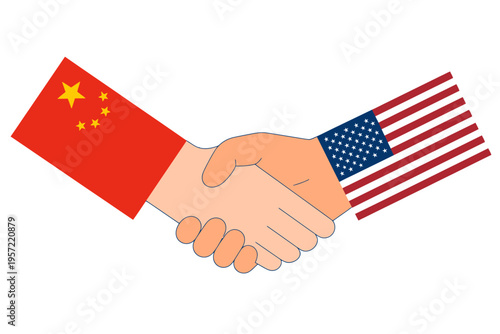Handshake between China and America flags