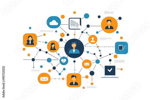 Network of human connections: An interconnected network, depicting human figures linked by digital pathways, symbolizing the intricacies of interpersonal connections and digital communication.