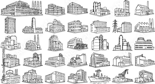 Monochrome Line Art Collection of Industrial Buildings and Factory Icons: Hand-Drawn Sketch Set Featuring Manufacturing Plants, Power Stations, and Warehouses