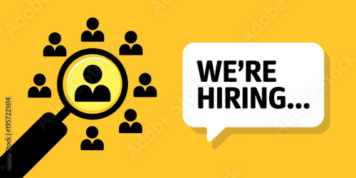Job recruitment hiring concept with magnifying glass and people icons on yellow background
