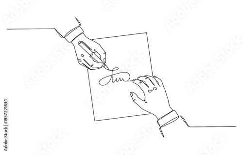 Hand holding a pen and drawing a smooth line, one line art style.