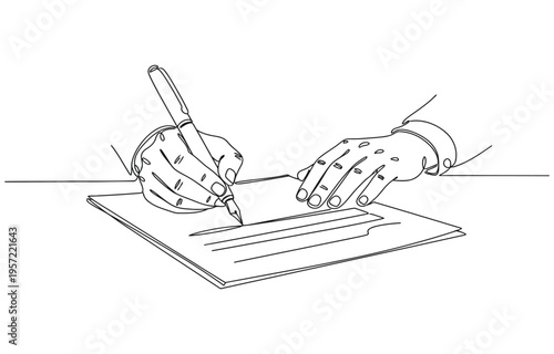 Hand holding a pen and drawing a smooth line, one line art style.