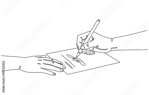 Hand holding a pen and drawing a smooth line, one line art style.