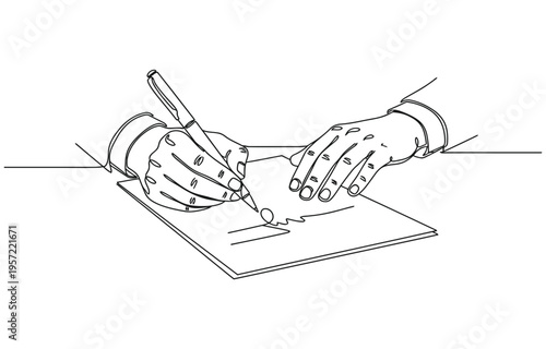 Hand holding a pen and drawing a smooth line, one line art style.