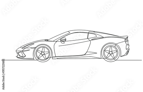 Continuous one line of a luxury car, sleek minimalist design about money and materialism.