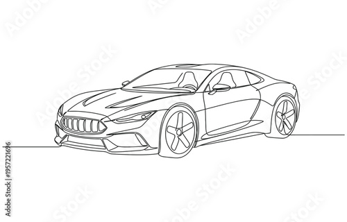 Continuous one line of a luxury car, sleek minimalist design about money and materialism.