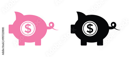 Piggy bank with dollar coin set, Piggy bank saving money icon in different style Vector illustration.