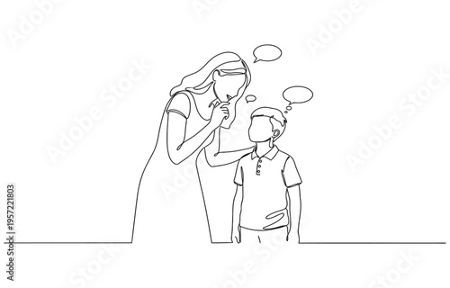 Continuous line drawing of young mother giving some wise advice talk to his child. 