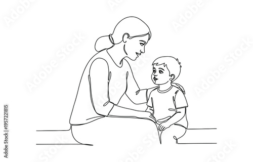 Continuous line drawing of young mother giving some wise advice talk to his child. 