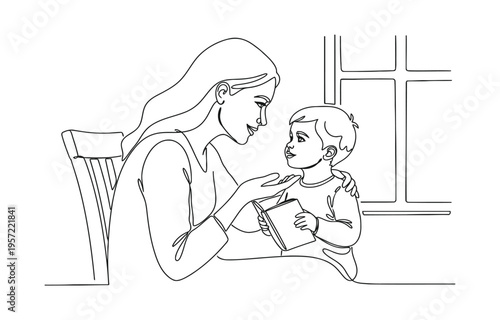 Continuous line drawing of young mother giving some wise advice talk to his child. 