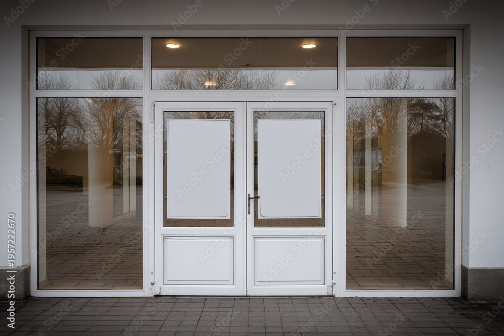 Fototapeta premium Modern Building Entrance with White Framed Double Doors and Glass Paneling for Commercial Use