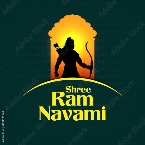 Lord Rama with bow arrow with Hindi text meaning Shree Ram Navami celebration background for religious holiday of India