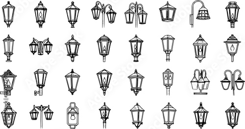 Street Lamp Collection: Assorted Styles and Designs, Vector Illustration