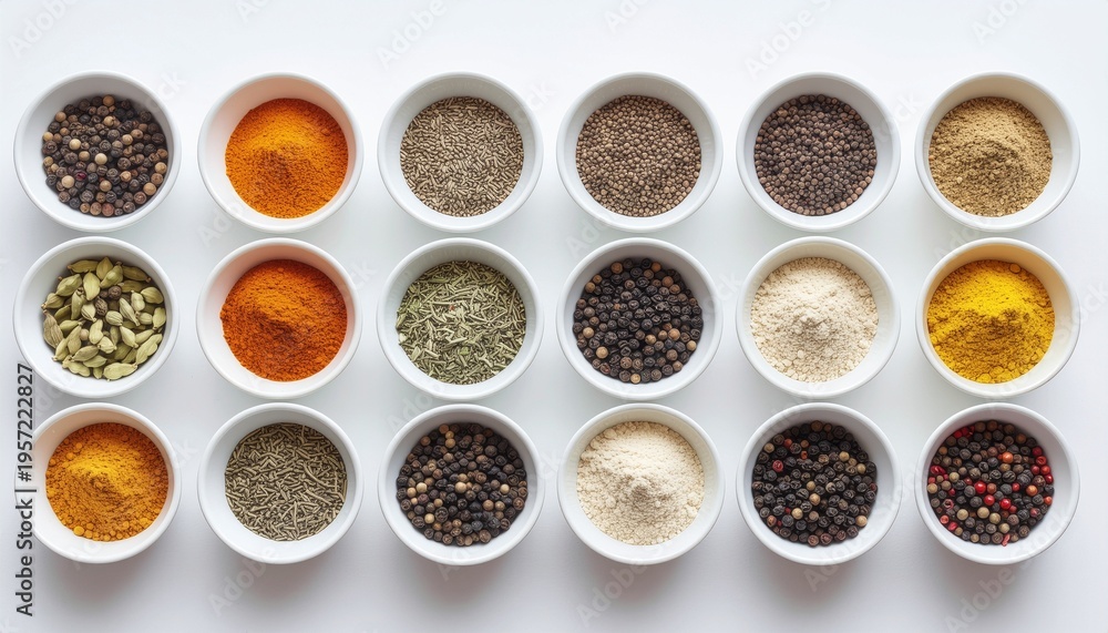 Fototapeta premium Assorted Spices in White Bowls on White Background